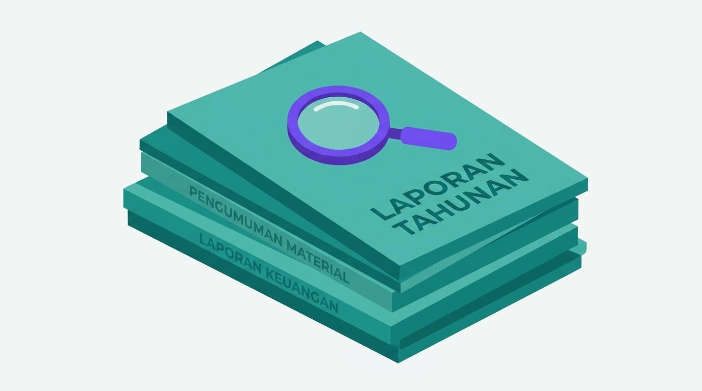 Ilustrasi dokumen pengungkapan emiten berupa laporan tahunan dan laporan keuangan.