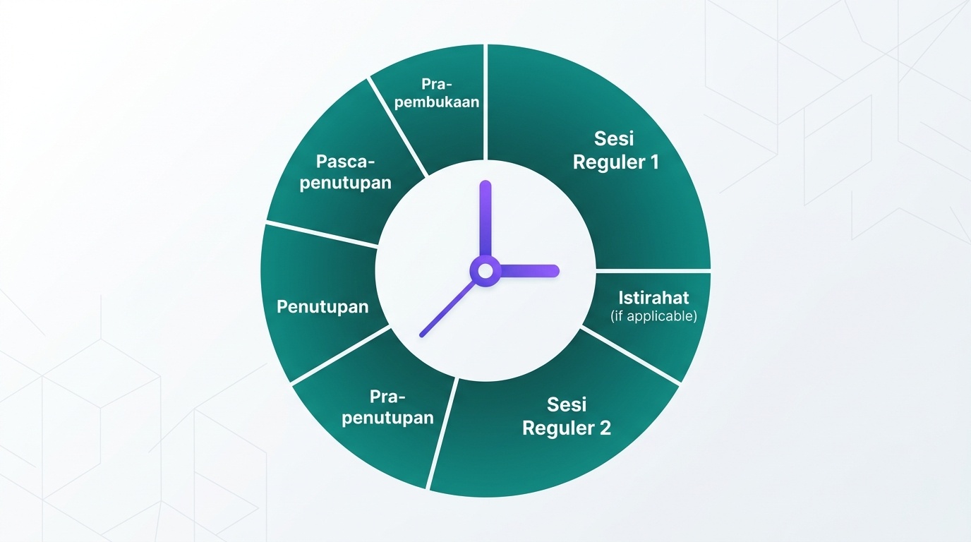 Ilustrasi jam perdagangan bursa dengan penanda sesi pra-pembukaan, reguler, dan pra-penutupan.