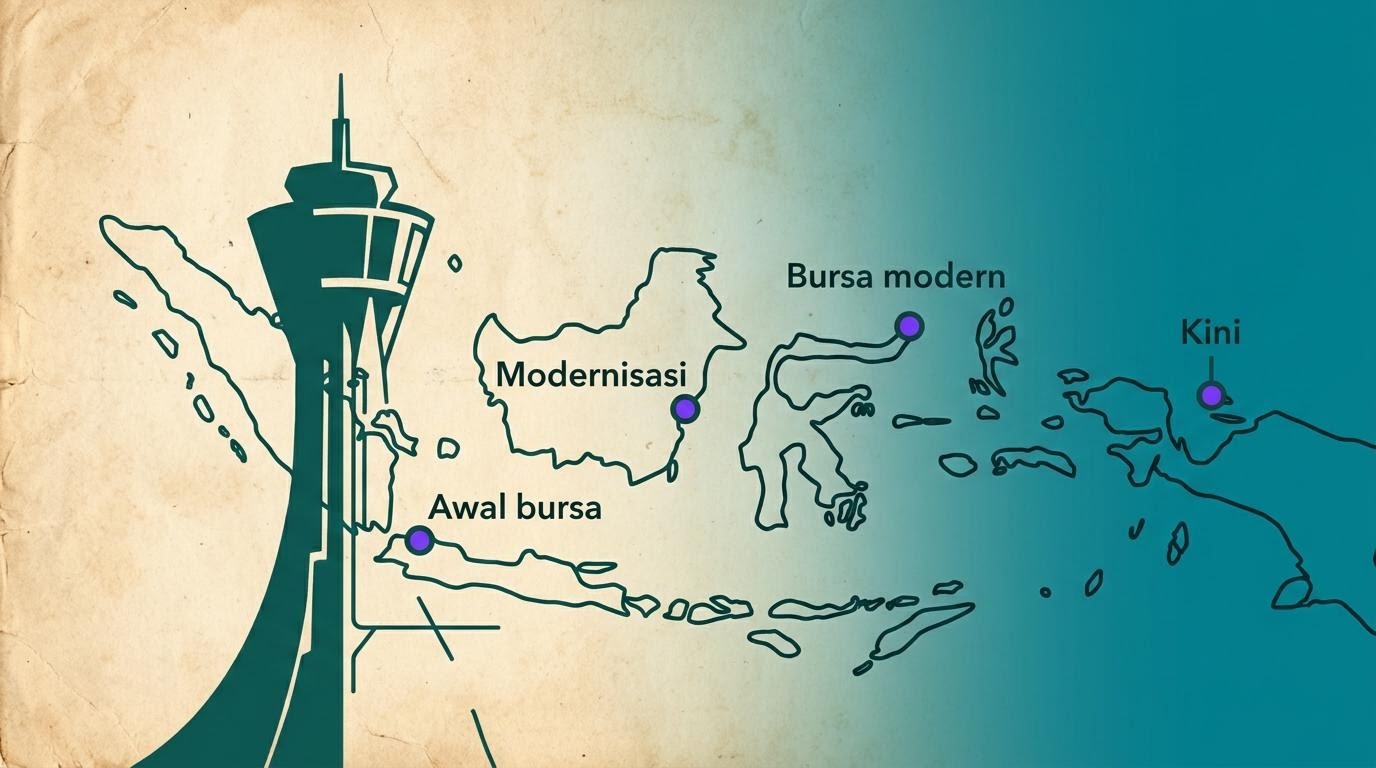 Ilustrasi sejarah bursa dengan siluet menara BEI.